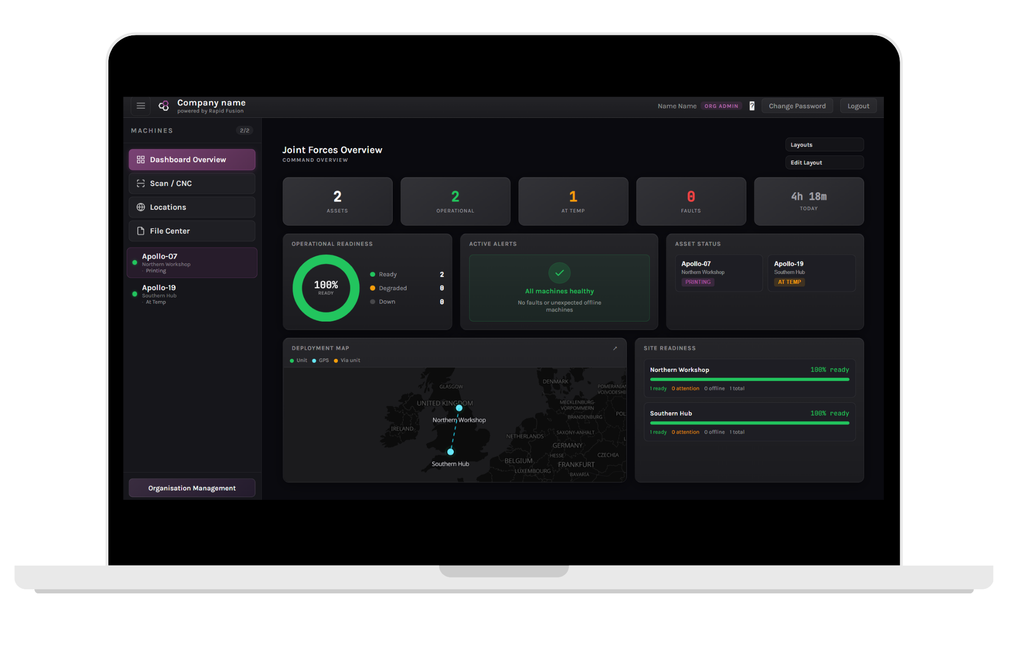 Fleet dashboard showing connected devices and organisational view.