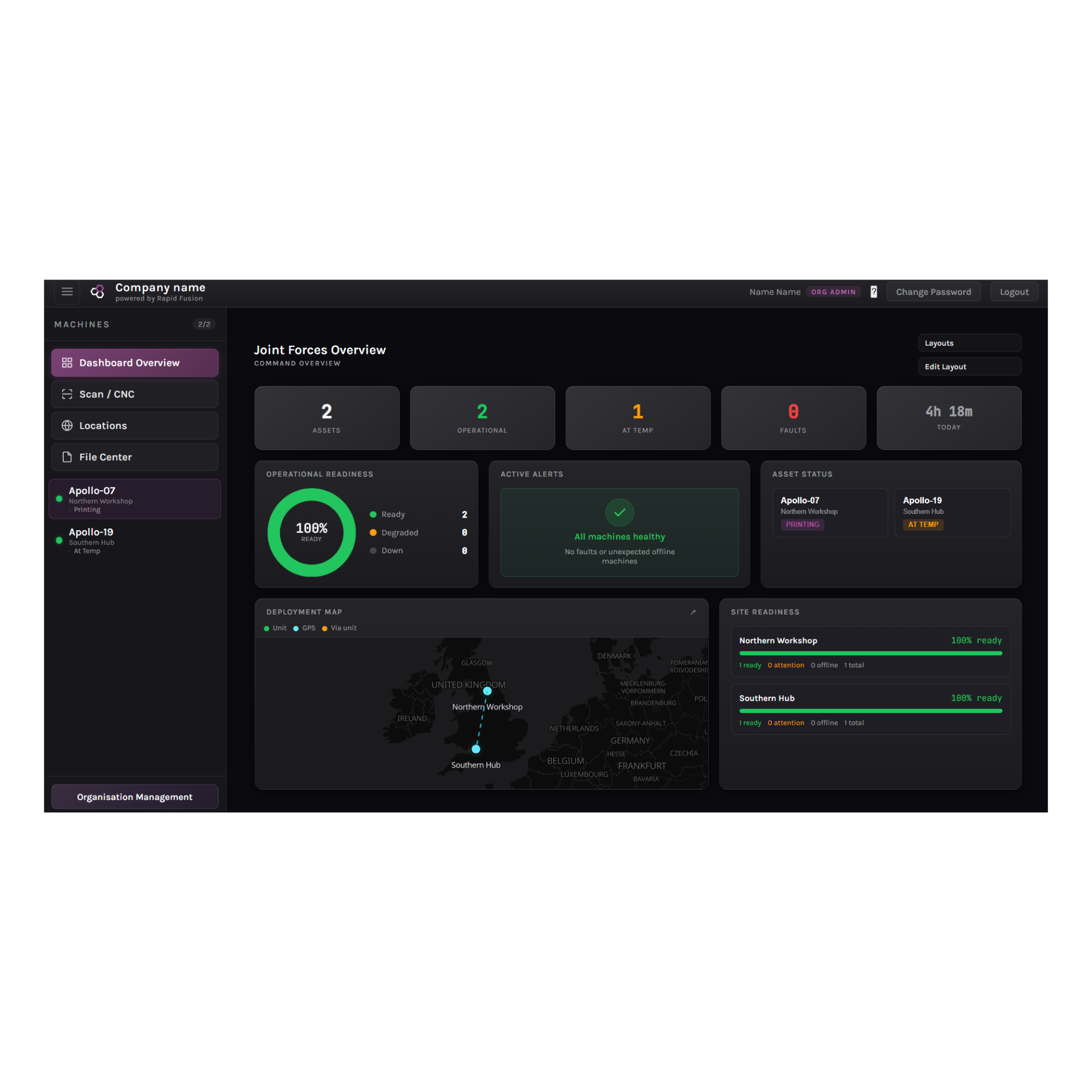 Fleet dashboard showing connected devices and organisational view.