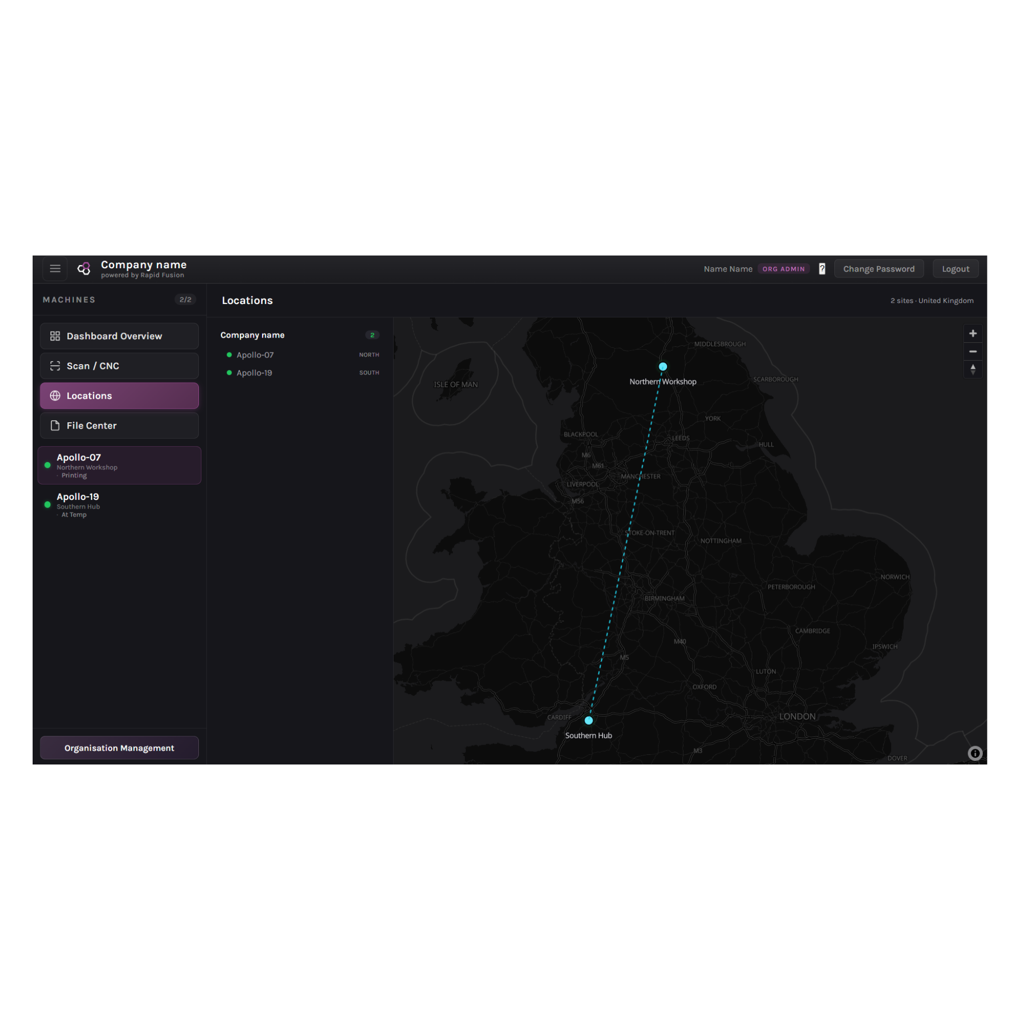 Fleet map view showing distributed machine locations.