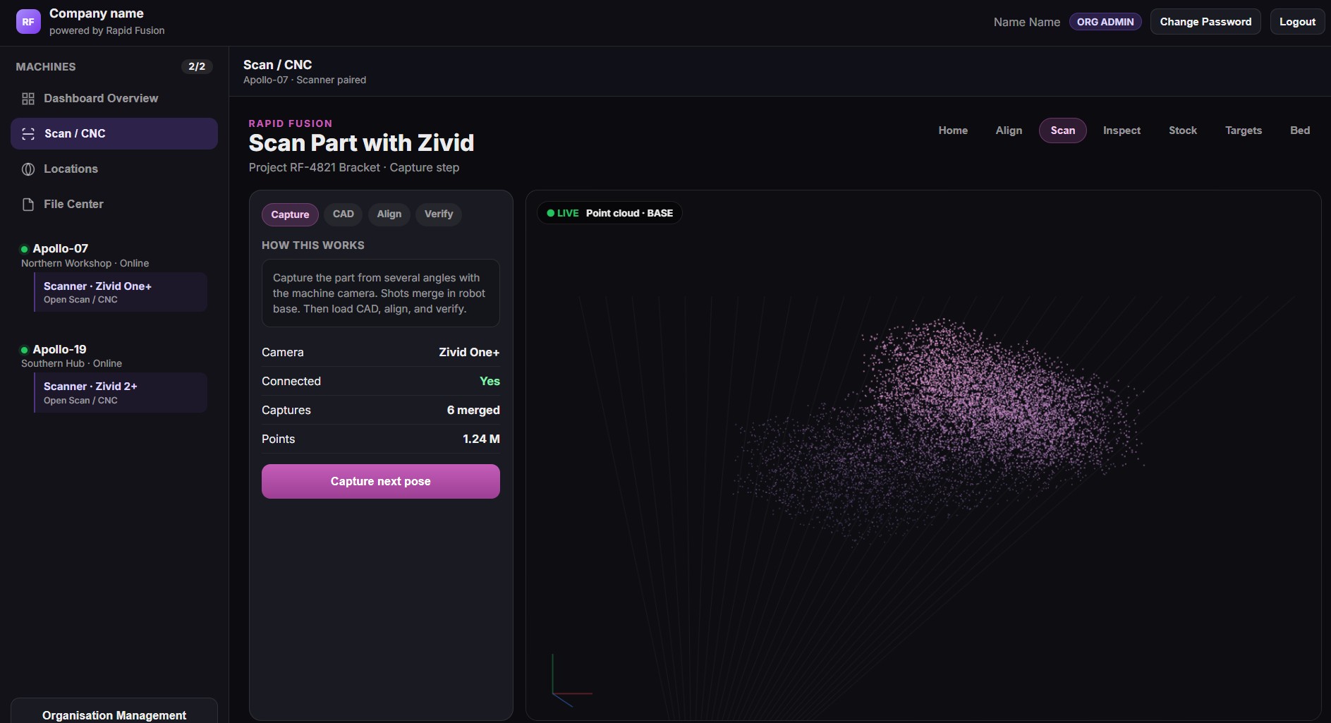 Capture step with live point cloud from the machine camera.