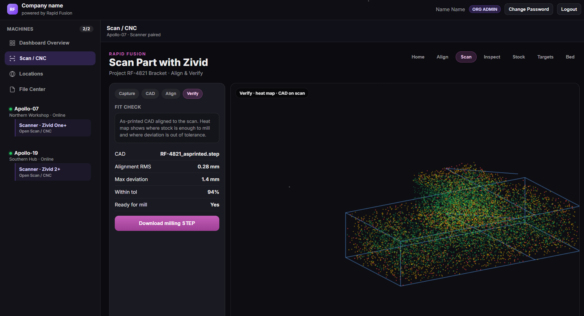 CAD aligned to scan with heat-map verification.